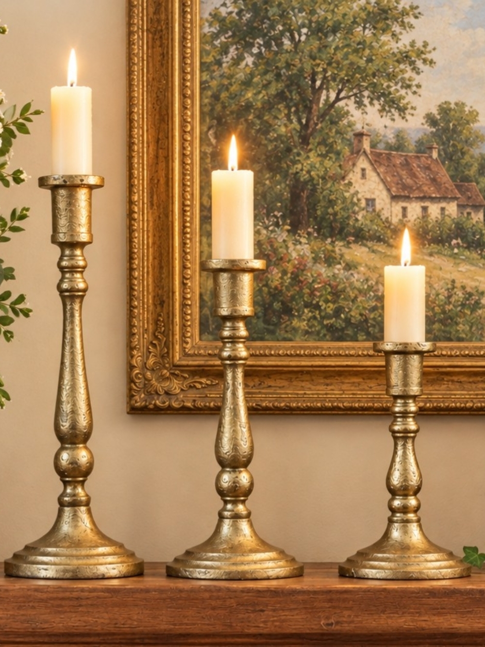 Vintage Style Gold Brass Candlestick Holders - Set of 3 Assorted Heights